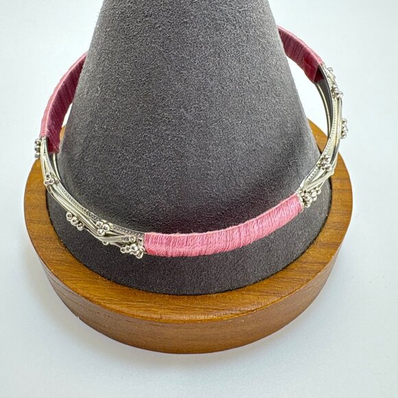 Silver Tone Scroll Design Bangle Bracelet Pink Cord Wrap Size 7.5" Fit - Picture 2 of 9